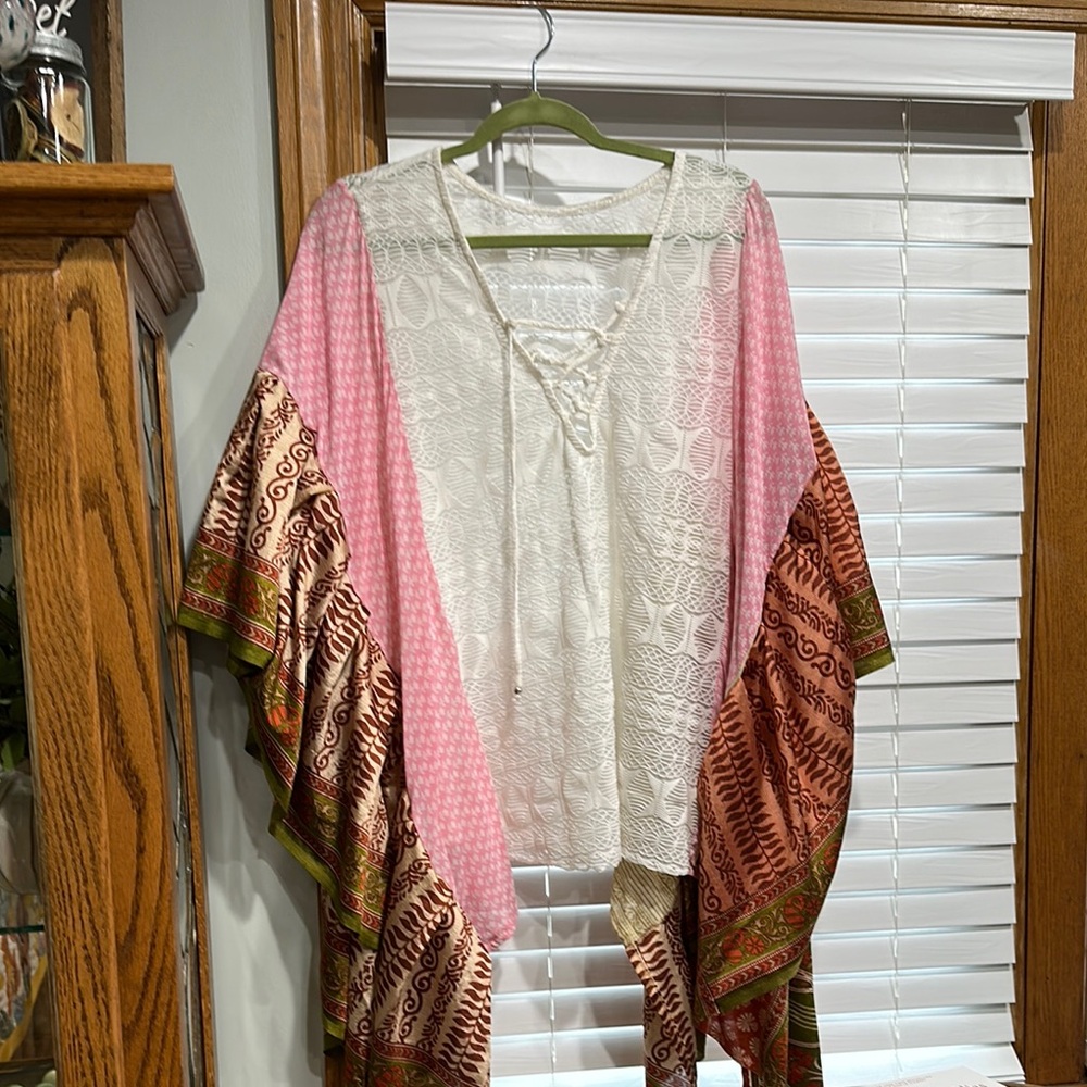 Asymmetrical Cream and Pink Tunic with Flutter Sleeves